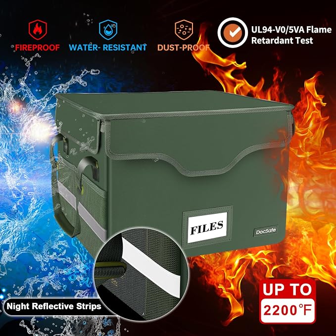DocSafe Fireproof Document Box with Lock,File Storage Organizer with Pockets,Collapsible Portable File Box Home Office Safe Filing Cabinet with Handle for Hanging Letter/Legal Folders,Green,2 Pack