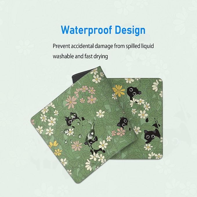Green Wild Grass Flower Desk Mat,Black Cat Large Mouse Pad,31.5x12in | Cute Kitty Extended Gaming Keyboard Mat,XL Kawaii Anime Plant Mousepad with Non-Slip Base and Stitched Edge,80 x 30 cm