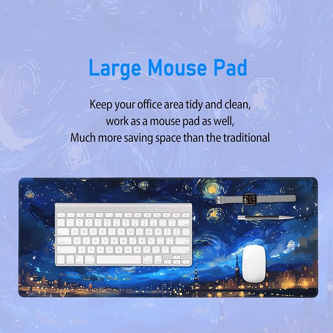 Starry Night Desk Mat,Large Van Gogh Art Gaming Mouse Pad,31.5x12 in | Blue Night Sky Moon Aesthetics Mousepad,XL Extended Desk Decor Deskmat,Soft Micro Woven Cloth Keyboard Pad,80 x 30 cm