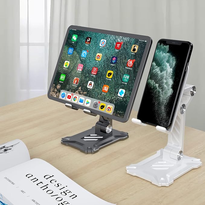 Phone Stand for Desk. Foldable Desktop Mobile Phone Stand with Angle Height Adjustable, Portable Office Cell Phone Holder, Cradle, Dock. Fits All 4.7-13in iPhone/Smartphone/iPad/Tablet.