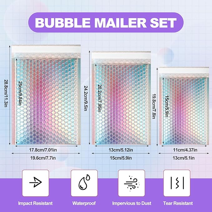 50 Pcs Metallic Bubble Mailers,With Thank You Cards and Stickers,Holographic Bubble Mailers,Self Seal Poly Padded Envelopes,Adhesive Shipping Bag,Cushion Envelopes for Mailing Small Business