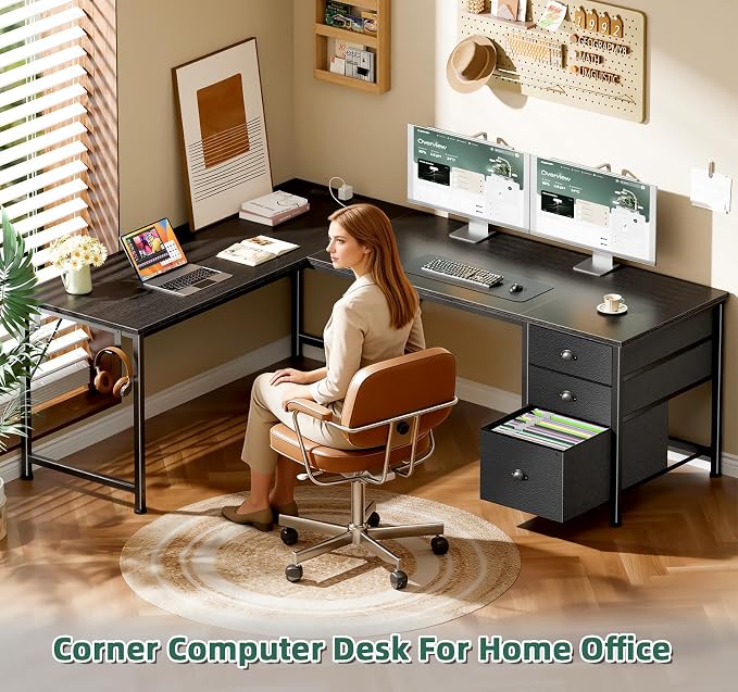 Furologee 63" L Shaped Desk with Power Outlets & USB-C Port, Reversible Corner Computer Desk with 3 Fabric Drawers, Hooks, Home Office Desk for Gaming, Writing, Work, Black