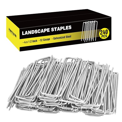 HongWay 240 Pack Landscape Staples 4 Inch, Galvanized Garden Stakes | 12 Gauge Ground Staples Sod Pins Yard Stakes for Landscape Weed Barrier Fabric, Gardening, Lawn, Turf, Irrigation Tube