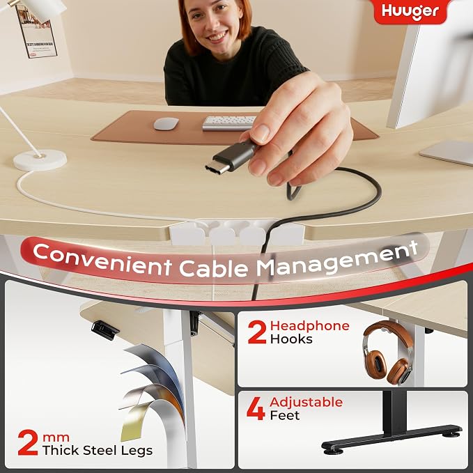 Huuger Electric Standing Desk with Power Outlets and USB-C Port, 55 X 24 Inch Height Adjustable Desk, Sit Stand Desk for Home Office, Computer & Gaming Desk with 4 Presets, Stable Steel Frame, Marple