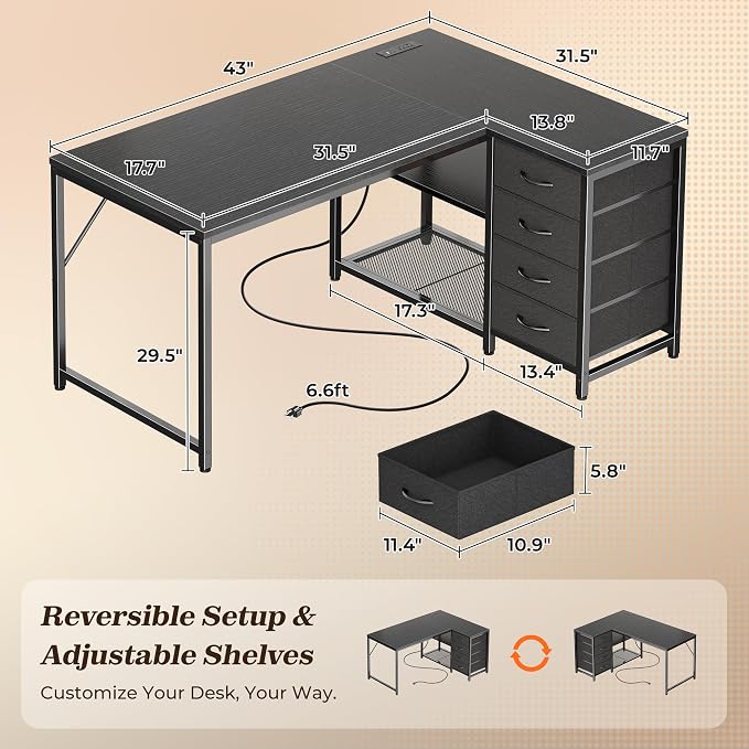 43.3" Small L Shaped Desk with Power Outlets & 4 Drawers | Reversible Computer Desk with 2 Storage Shelves, Corner Office Desk for Gaming Writing Work Study, Black
