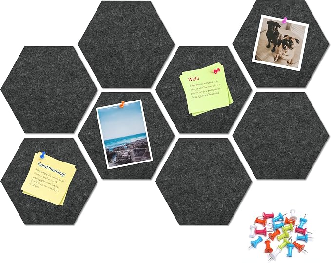 8-Pack Hexagon Felt Bulletin Board Tiles, Cork Board Alternative | For students and teachers creating vision boards in homes, offices, dorms or classrooms; includes 30 push pins.
