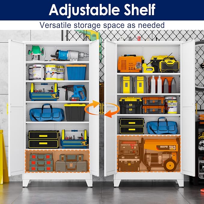 erosoei 75" H Large Metal Garage Storage Cabinet, Metal Pantry Cabinet with 2 Doors, Locker Steel Cabinet with 5 Adjustable Shelves, Freestanding Cupboard for Garage,Office,Home,Gym,School