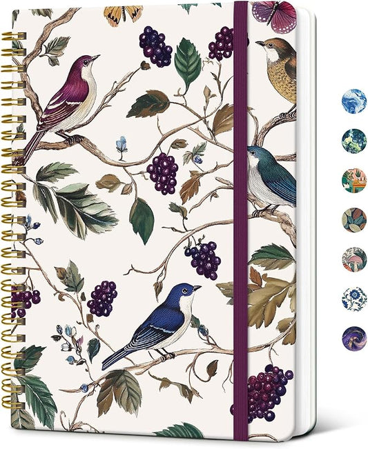 Taja Spiral Journal Notebook for Women, Pretty Hardcover Lined Notebook for Work & Note Taking, Aesthetic Cute Journal for Writing, 140 Pages, 5.8"x8.3", Vineyard Birds