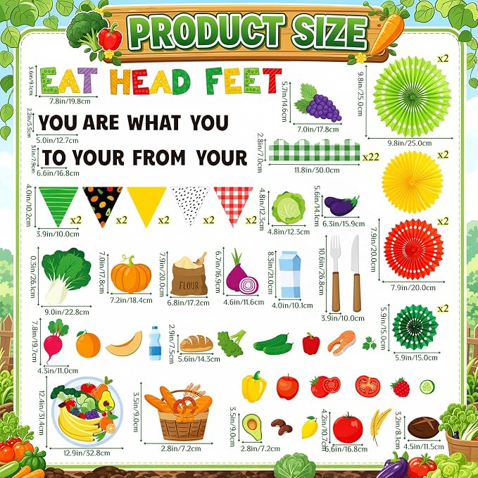 77 Pcs Cafeteria Bulletin Board Decorations with 3D Paper Fans | Nutrition Classroom Bulletin Board Set, Healthy Plate Fruit Vegetable Cutouts, Back to School Wall Door Decor Supplies