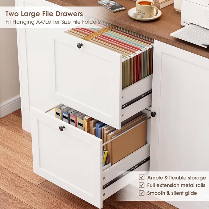 72'' Tall File Bookcase with Power Outlet & Printer Stand, 2 Filing Drawers | Bookshelf with Doors & 2 Adjustable Drawers for Hanging Letter/A4 File, Wood File Cabinets For Home Office Storage, White