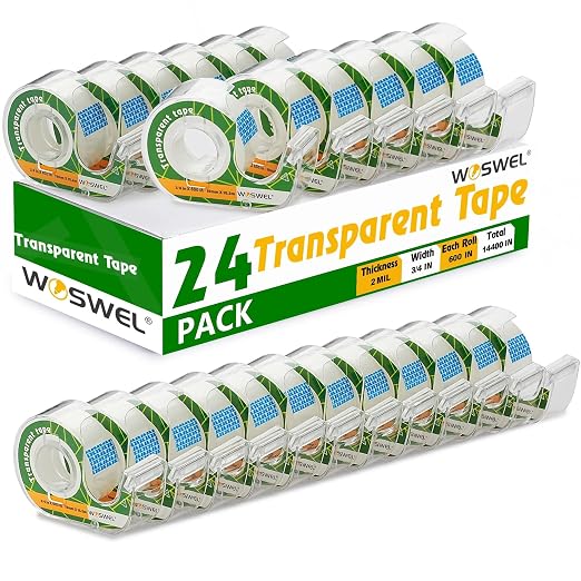 WOSWEL Tape Refills with Dispenser, 24 Roll Transparent Tapes, 3/4 Inch X 600 in, Gift Wrapping Tapes Supplier for Home School Office Use