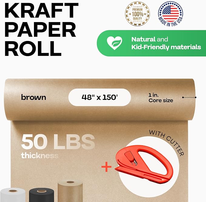 Brown Kraft Paper Roll 48" x 1800" (150 feet) with Cutter - USA-Made | Quality Paper 50lb Thickness for Wrapping, Packing, Moving, Shipping, & Crafts/Arts - Natural Kraft Material by IDL Packaging