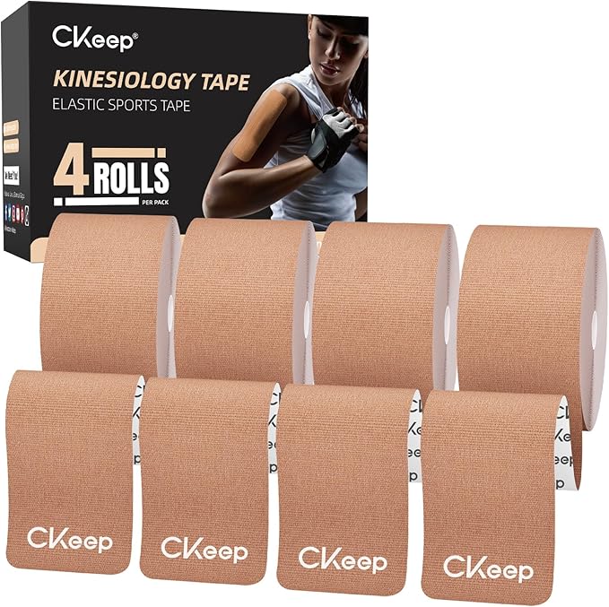 CKeep Kinesiology Tape, 4 Rolls Premium Original Cotton Uncut Elastic Athletic Tape, Latex Free Hypoallergenic Sports Tape, 2inch x 16ft, Beige