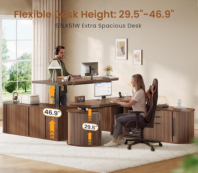SEDETA 57" L Shaped Standing Desk with Storage, Electric Height Adjustable Curved Executive Desk, Fluted Desk with Drawers & Power Strip for Home Office, Brown