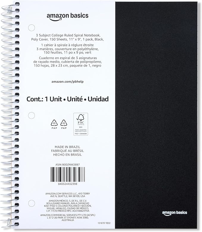 Amazon Basics College-Ruled 3-Subject Spiral Notebook, 150 Sheets, 8.5 x 11 inches, Black