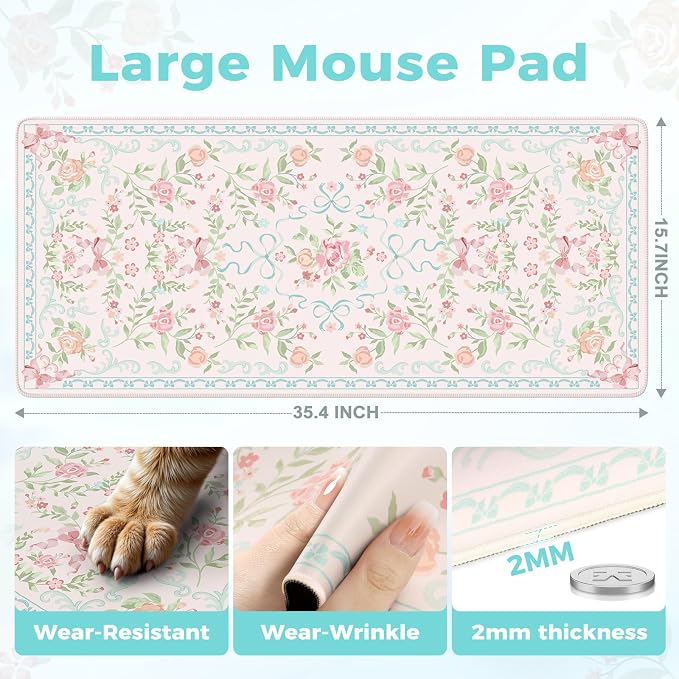 iCasso Desk Pad Blue,Aesthetic Mouse Pad for Laptop | Non-Slip Keyboard Mats,Cute Girly Desk Mats with Stitched Edges, Extra Large Desk Cover Protector for Gaming