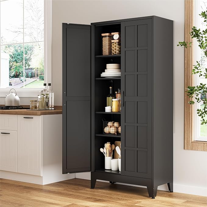 COFaR 71" Black Metal Storage Cabinet with Doors for Office and Garage | 5-tier kitchen pantry cabinet with square-panel doors and 4 adjustable shelves for laundry room, office or garage storage.