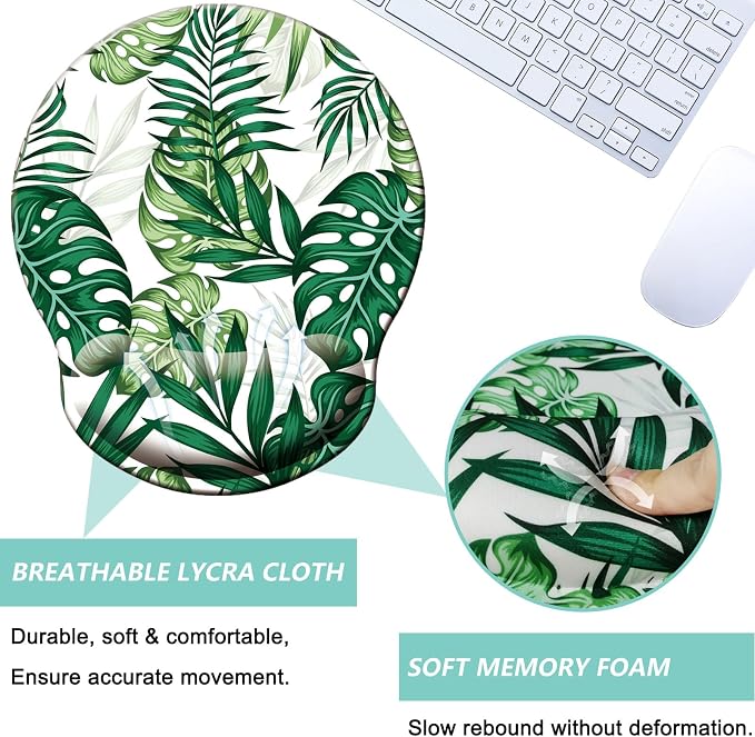 Mouse Pad with Wrist Support, Ergonomic Mouse Pad with Memory Foam Wrist Rest Cushion, Non-Slip Rubber Base Gaming Mice Pad for Home Office Computer Laptop, Green Frond
