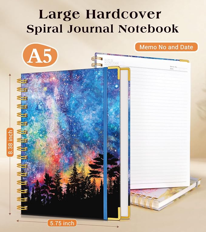 Lined Spiral Notebook Journal for Women, 150 Pages Cute Notebooks 5.75” x 8.38”, A5 Hardcover Spiral Journals with 100 GSM Thick Paper, College Ruled Notebook for Writing Work School, Forest Under a Starry Sky