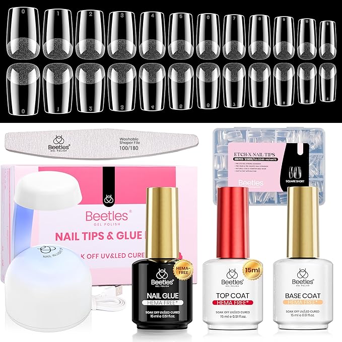 Beetles Gel Nail Kit Etch-X, Square Short, 288pcs 12 Sizes Nail Tips, 3Pcs 15ml HEMA-Free Nail Glue Top Coat & Base Gel Set, with Mini Lamp, Press On Nail, Long Lasting Extension DIY Set at Home