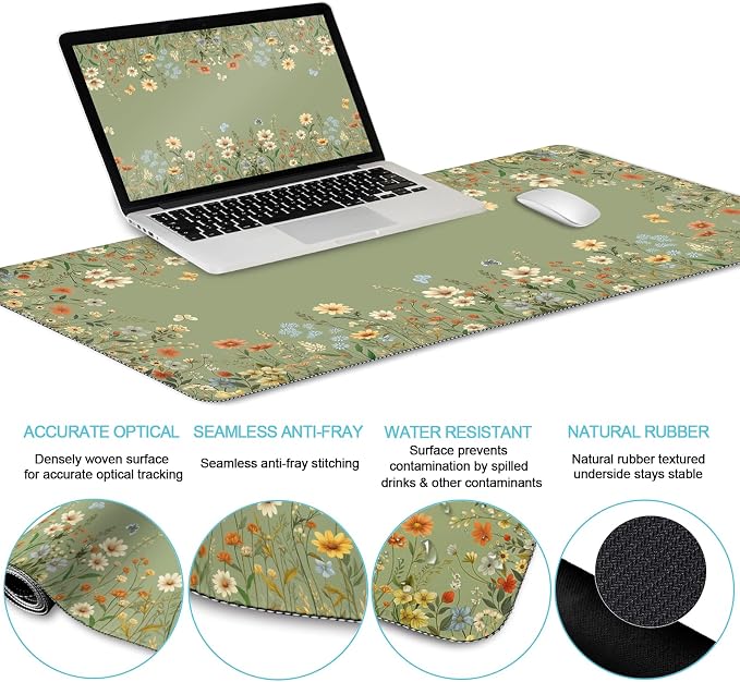 LIMKRIAN Floral Desk Mat Set, Cute Green Desk Accessories Gifts for Women | Mouse Pad with Gel Wrist Rest, XXL Large Desk Pad, Ergonomic Keyboard Wrist Support, Stitched Edges, Cup Coaster, Desk Decor