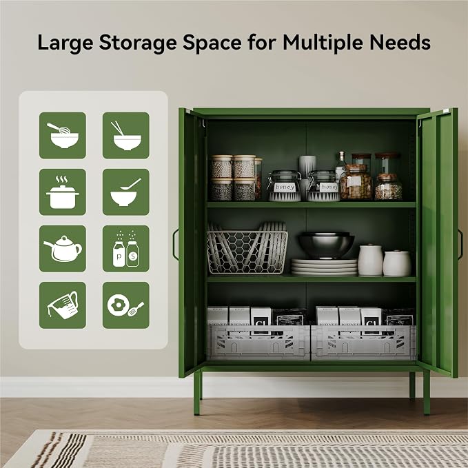 COFaR Forest Green Metal Cabinet, 40” Kitchen Pantry & Coffee Bar Cabinet, 3-Tier Adjustable Shelf Organizer with Magnetic Doors, Rustic Modern Sideboard for Dining Room, Home Office