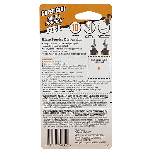 Gorilla Micro Precise Super Glue Gel, Cyanoacrylate Glue, Fast Setting, Precise Dispensing Tool, Anti-Clog Cap, Clear, 5.5g, (Pack of 1)