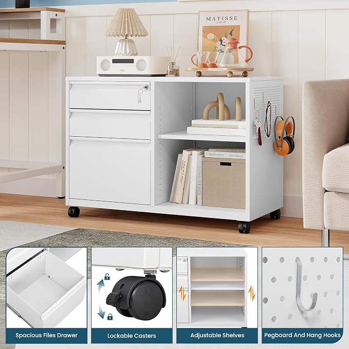 MIIIKO 3 Drawer File Cabinet with Lock, Metal Lateral Rolling Printer Stand Filing Cabinets for Home Office Storage,A4, Letter,File Folders(White)
