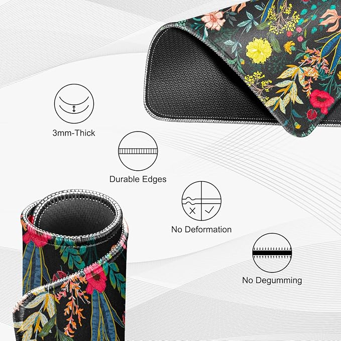 JIKIOU Mouse Pad with Non-Slip Rubber Base, Premium-Textured & Washable Computer Mousepad with Stitched Edges, Mouse Pads for Computers, Laptop, Gaming, Office & Home,10.2x8.3in Black Flowers