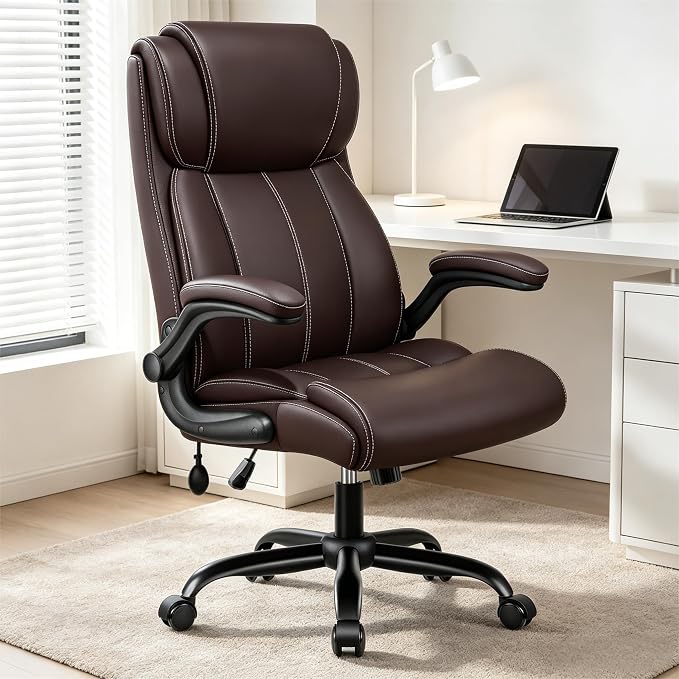 Ergonomic Office Chair, High Back Executive Leather Desk Chair | Inflatable Lumbar Support for Back Pain Relief, Heavy-Duty Computer Desk Chair for Long Workdays, Flip-Up Armrests, Coffee