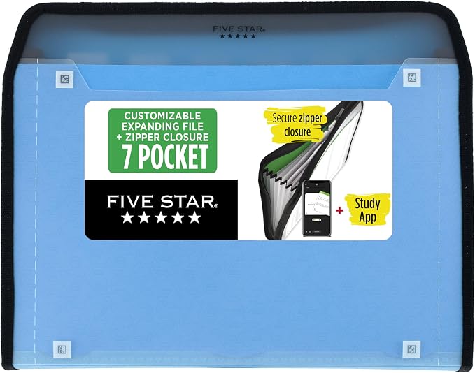 Five Star Expanding File Organizer + Study App, 7-Pocket Accordian File Organizer, Zipper Closure, Holds 8.5" x 11" Paper, Blue (Color May Vary) (350099B)