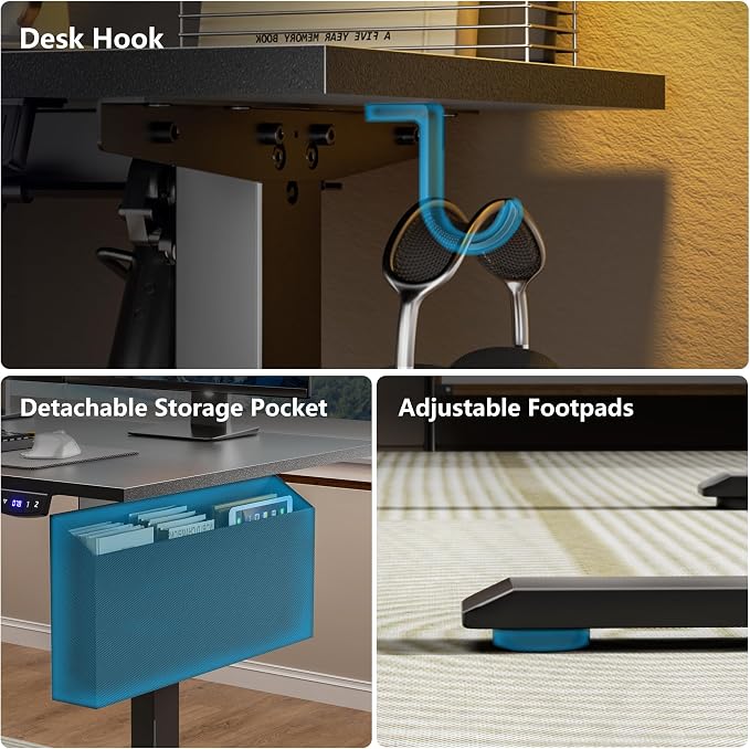 Korfile 63" L Shaped Standing Desk, Height Adjustable, LED, Memory Presets | Reversible, Ergonomic Sit to Stand Computer Desk with Headphone Hook for Home, Office and Workstation, Dark Black