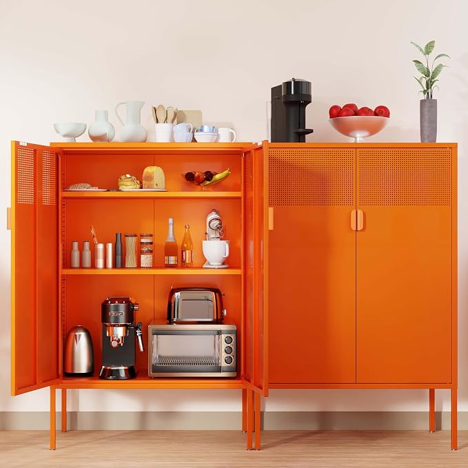 Chshin Metal Storage Cabinet,Kitchen Pantry Storage Cabinet,Metal Sideboard with 2 Doors and 2 Adjustable Shelves,Orange Locker Cabinet for Home,Bathroom,Hallway,Office,Dining Room
