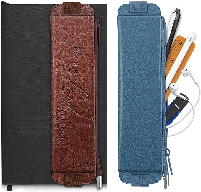 FINPAC 2-Pack Elastic Pen Holder for Notebook Leather Pen Holder | Stationery Zipper Bag for Pencils, Pen Pouch with Elastic Band for Bible Journaling, Planners, Tablets, brown