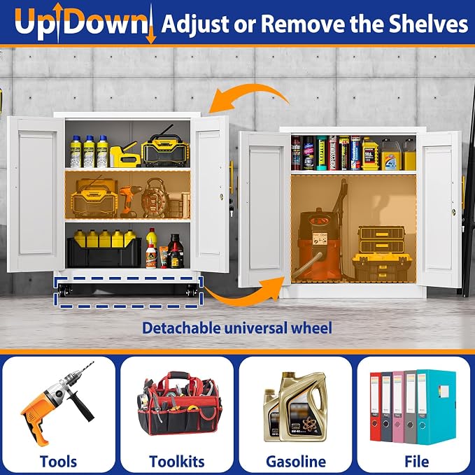 GAIOUS Metal Storage Cabinet with Lock and Wheels, Steel Tool Cabinet | with 2 Door and 2 Adjustable Shelves, 35” Tall Lockable File Cabinet, Garage Cabinet, Rolling Cabinet for Home Office - White