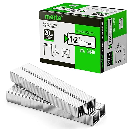 meite 20 Gauge Galvanized Upholstery Staples, 1/2-Inch (12.3 mm) Crown with 1/2-Inch Length, Heavy Duty for Construction, Furniture, Crafts & DIY Projects (5 Boxes)