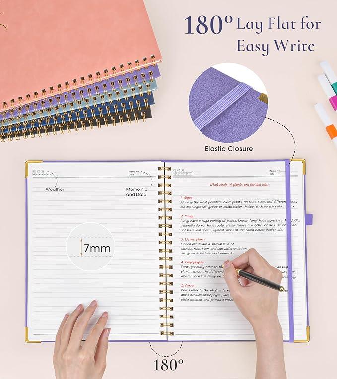 Hardcover Spiral Notebook Journal 8.5” x 11”, A4 Large Leather Notebooks for Women Men, Lined College Ruled Notebook, 100 GSM Paper, Spiral Bound Journals for Work School Note Taking Business, Purple