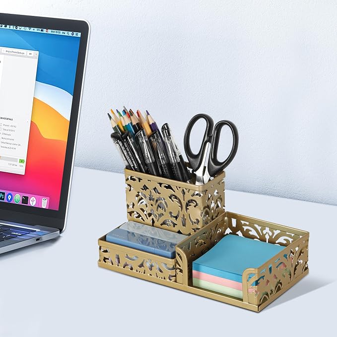 EasyPAG Desk Organizer 3 Compartment Pen Holder for Desk Office Supplies Caddy with Sticky Notes Holder for School Home, Gold