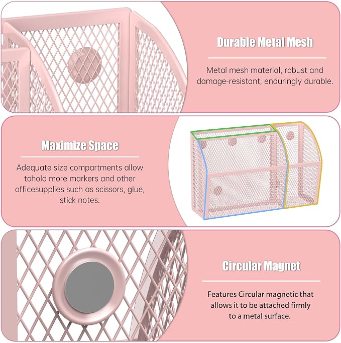 YINGHUA 3 Compartment Magnetic Metal Mesh Pen Holder, Pink Desk Caddy | Perfect magnetic organizer for locker, whiteboard, refrigerator, or office. Easily holds pens and accessories