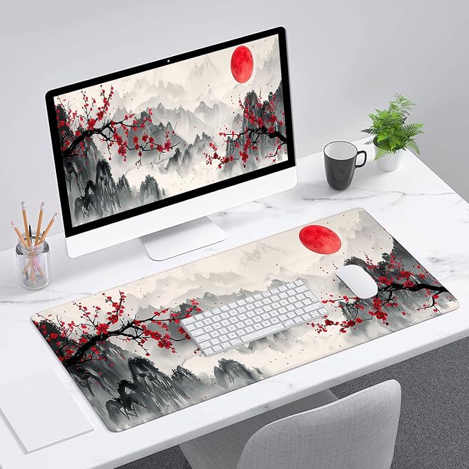 Watercolor Cherry Blossom Gaming Mouse Pad - Chinese Ink Painting Mountain Desk Mat With Stitched Edge Non-Slip Base for Office Computer Keyboard Laptop Home 31.5"x11.8"