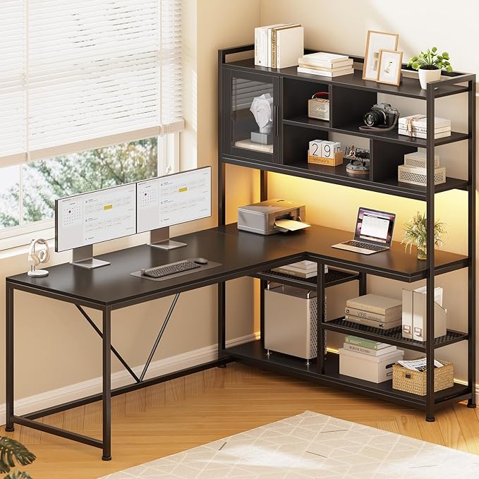SEDETA L Shaped Computer Desk with Storage Shelves and Bookshelf, Black | 58'' Reversible Office Desk with LED Light, Glass Door Cubby, L Shaped Corner Desk for Gaming, Two Monitors, Small Space