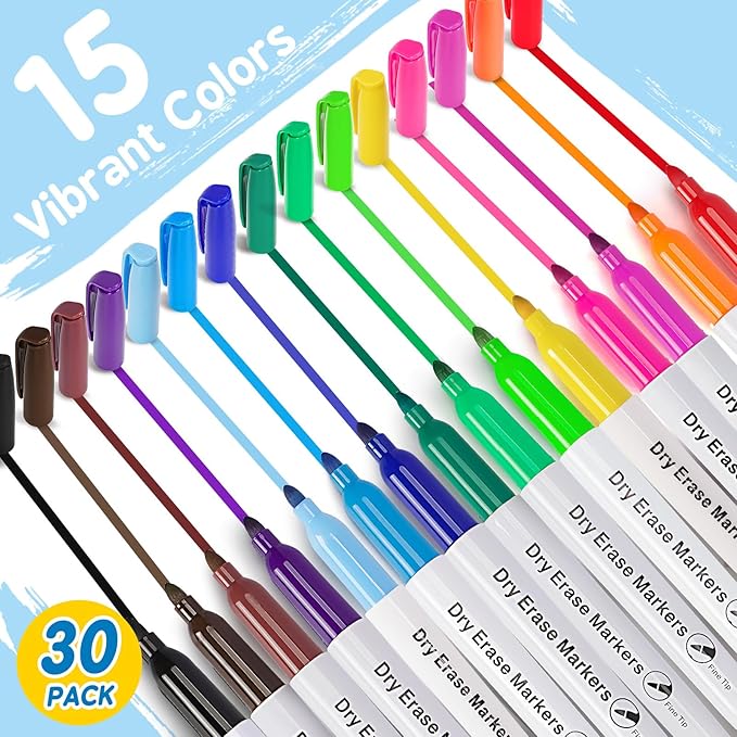 Duchong 30 Packs Dry Erase Markers in 15 Colors, Fine Tip Whiteboard Markers for Kids Teachers, Dry Erase Pens Bulk for Classroom Home, Back to School Supplies