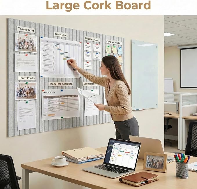 Felt Bulletin Board 36"x 24", Cork Boards for Walls, 6 Pack Bulletin Board Large Cork Board for Office, Felt Boards with 40 Safe Removable Adhesive Tabs Wall Decor for Home(Light Gray)