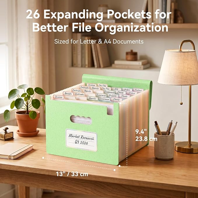 ThinkTex Accordion File Organizer, 26 Pockets File Folders, Pistachio Green | Monthly Bill Receipt Documents Organizer, A-Z Colorful Tabs, Letter/A4 Size for Classroom Office Organization Home Hospital