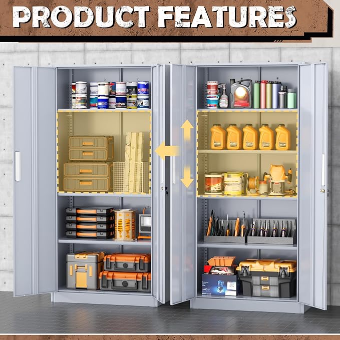 Metal Storage Cabinet, 72” H Storage Cabinet with Doors and Adjustable Shelves for Office, Home, Garage, Pantry (Assembly Required, Cement Grey)