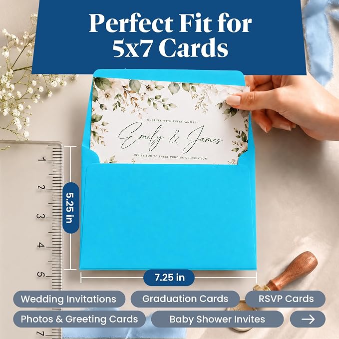 110 5x7 Deep Sky Blue Invitation Envelopes - for 5x7 Cards - A7 - (5 ¼ x 7 ¼ inches) - Perfect for Weddings, Graduation, Baby Shower - 120 GSM - Peel, Press & Self Seal - Square Flap