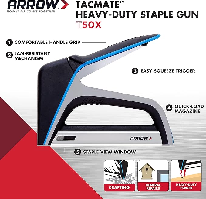Arrow T50X Heavy-Duty Staple Gun for Upholstery, Furniture, Office, Decorating, Fits 1/4", 5/16”, 3/8", or 1/2" Staples
