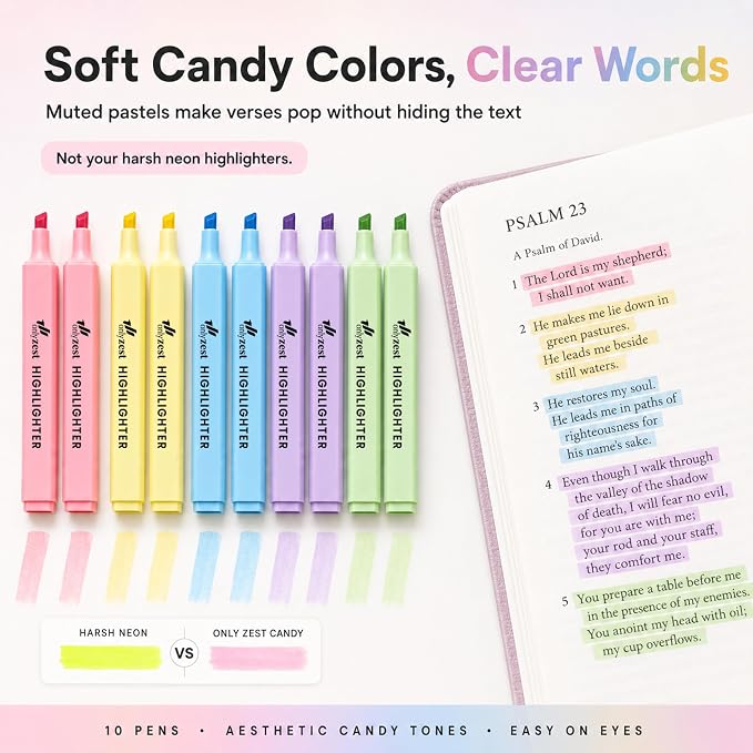 10 Aesthetic Bible Highlighters - Chisel Tip Liquid Ink Marker | Pen with Snap Caps for Clean Highlighting - Assorted Colors, No Bleed & Quick Dry - Bible Marker for Journaling & Studying