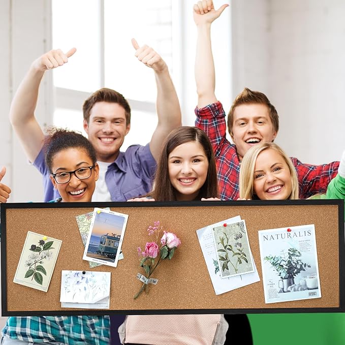12'' x 36'' Cork Bulletin Board Framed Large Wall Mounted Corkboard with Installation Kit, Push Pins for Home and Office Decor, School Message or Vision Background(Black)