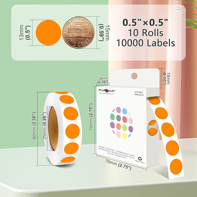 PARLAIM 10000pcs 1/2 Inch Diameter Round Color-Code Dot Stickers, 10 Rolls Adhesive Orange Circle Labels for Office Classroom